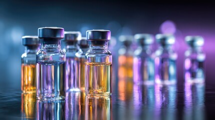 Collection of Colorful Glass Vials Filled with Liquid Samples on Reflective Surface with Soft Bokeh Background Creating an Inspiring Scientific Atmosphere