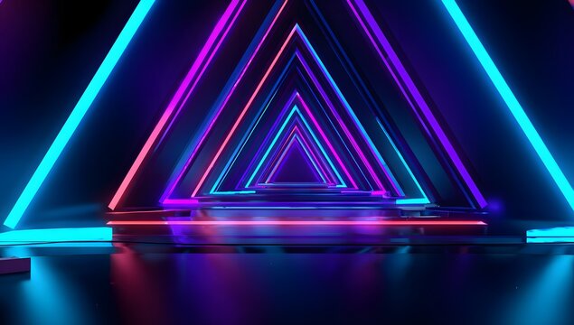 Abstract futuristic geometric tunnel illuminated by vibrant neon triangles in deep purple and electric blue light creating a mesmerizing digital pathway - Powered by Adobe