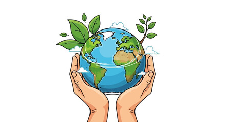 Hands holding planet earth with green leaves and branches symbolizing environmental care.