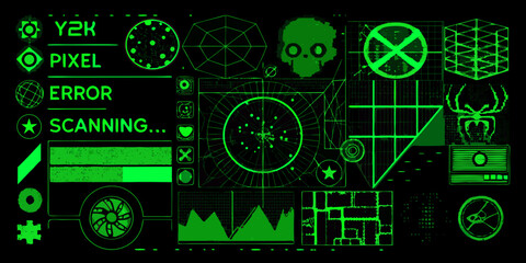 Retro y2k pixel art interface with scanning data and error messages in neon green