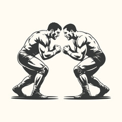 Vector art of two wrestlers facing each other in a wrestling stance, ready to compete