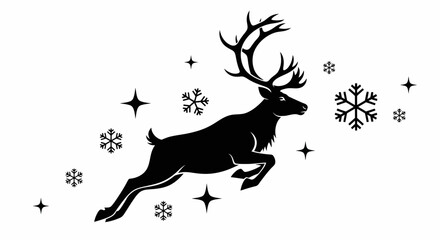 Silhouette of a majestic reindeer leaping through the air with antlers.