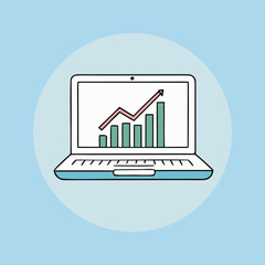 Laptop displaying a bar graph with an upward trending arrow, indicating growth and positive progress.