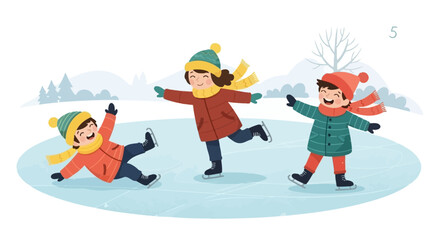 Three happy children ice skating on a frozen pond in winter.