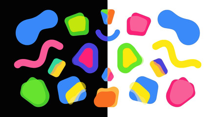 Colorful abstract shapes arranged on contrasting backgrounds for design.
