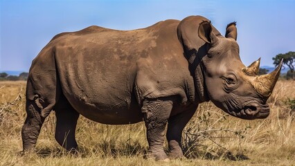 Obraz premium Powerful Rhinoceros Standing in African Savannah