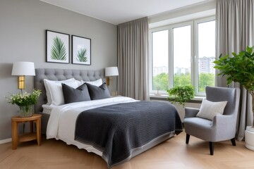 Fototapeta premium Modern gray bedroom interior with Scandinavian design elements