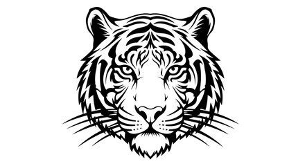 Majestic Tiger Head Staring Directly Forward in Detailed Black and White Illustration.
