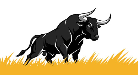 Powerful Black Bull Charging Forward in a Field.