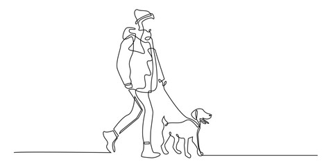 Continuous line of a man walking with his dog. One line drawing of a person taking a pet dog for a walk, symbolizing friendship, relaxation, and outdoor lifestyle.