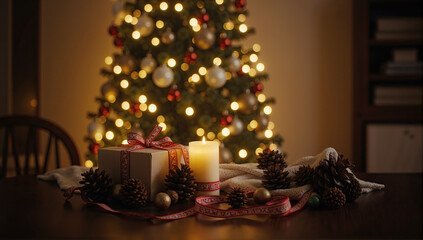 Warm Christmas home ambiance with candles, tree lights, fireplace glow, and festive winter charm.