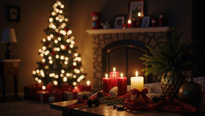 Warm Christmas home ambiance with candles, tree lights, fireplace glow, and festive winter charm.