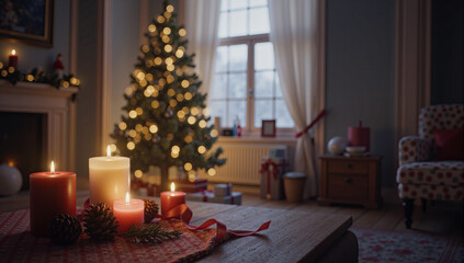 Warm Christmas home ambiance with candles, tree lights, fireplace glow, and festive winter charm.