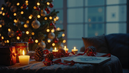 Warm Christmas home ambiance with candles, tree lights, fireplace glow, and festive winter charm.