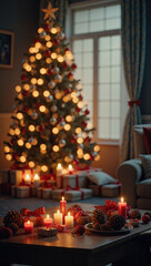 Warm Christmas home ambiance with candles, tree lights, fireplace glow, and festive winter charm.