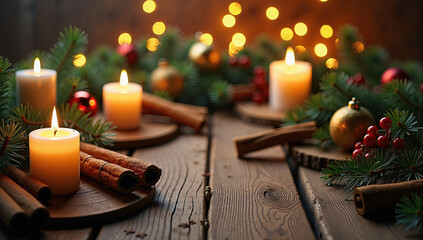 Warm Christmas home ambiance with candles, tree lights, fireplace glow, and festive winter charm.