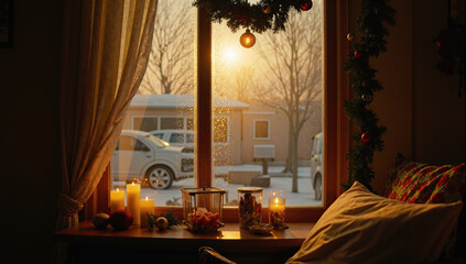 Warm Christmas home ambiance with candles, tree lights, fireplace glow, and festive winter charm.