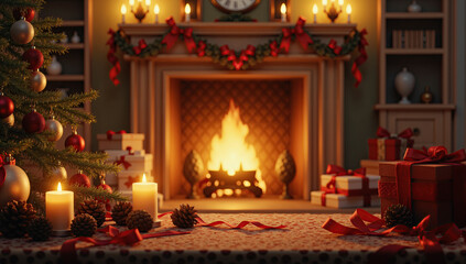 Warm Christmas home ambiance with candles, tree lights, fireplace glow, and festive winter charm.