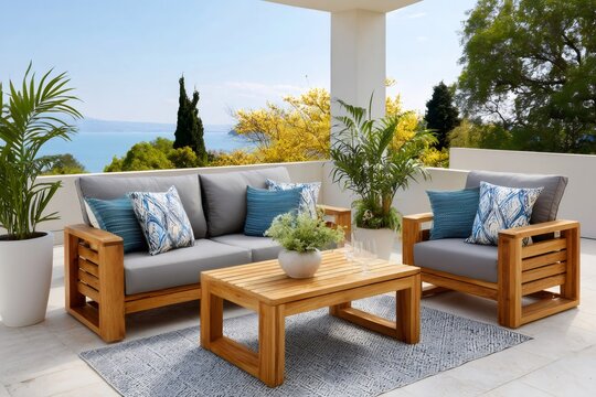 Outdoor patio furniture set with ocean view