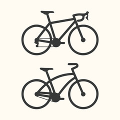 Fototapeta premium Vector art of two black bicycle silhouettes, one road bike and one mountain bike, against a light cream background