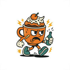 Angry coffee mug character holding bottle with retro cartoon illustration style. Cherry and mug retro illustration 