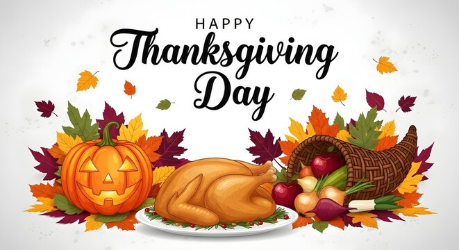 Happy thanksgiving day text with a roasted turkey, pumpkin, and cornucopia filled with autumn harvest vegetables and leaves, isolated on white background