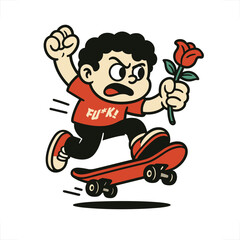 Angry Skater Boy cartoon. Angry skater boy holding rose with retro cartoon illustration style