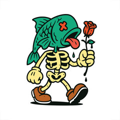 Skeleton with fish head holding rose with retro cartoon illustration style