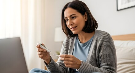 Woman checking temperature and consulting doctor online via video call.