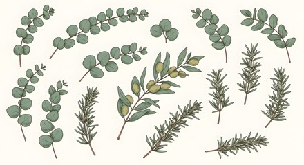 Botanical illustration with eucalyptus rosemary sprigs  olive branches on a cream background