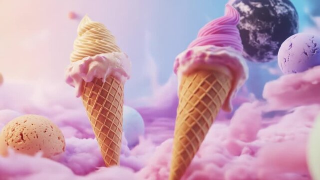 Whimsical ice cream cones floating in dreamy pastel cloudscape