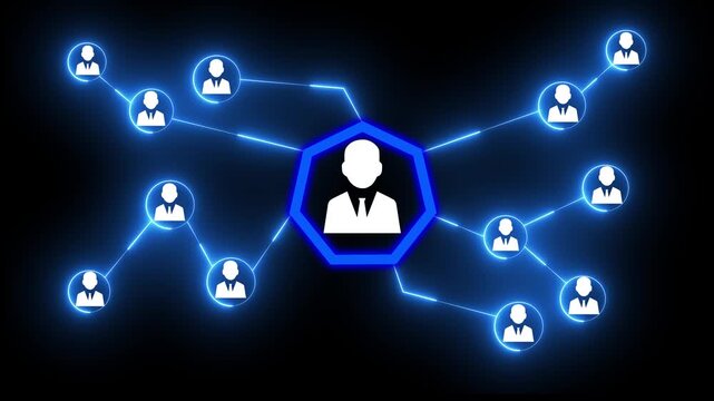 Abstract glowing neon icon of People Worldwide Connected Social Network Loop Background. Animation of network of connections with icons and data processing over.