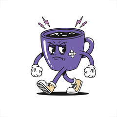 Angry coffee mug character with retro cartoon illustration style. purple Mug vintage illustration 
