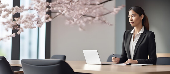 Young Asian woman working on laptop at modern office desk  