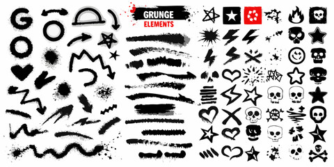 Obraz premium Collection of black grunge elements including arrows hearts skulls stars and brush strokes