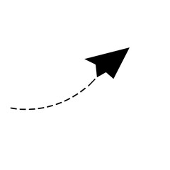 A minimalist black paper airplane icon gracefully ascends along a dotted trajectory, symbolizing progress, aspiration, and forward momentum.