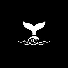 This elegant white icon showcases a powerful whale's tail disappearing into the ocean, creating gentle ripples around a small fish on a deep black canvas.