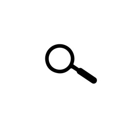 A simple black magnifying glass icon, representing search, focus, and discovery, is displayed on a clean white background, ideal for various digital applications.