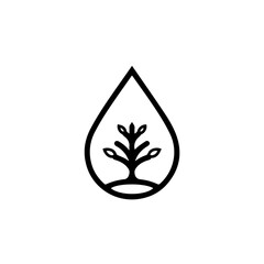 A minimalist black and white vector logo depicting a stylized tree growing within a clean water drop, symbolizing environmental sustainability and organic growth.
