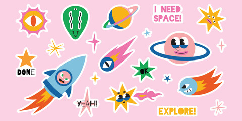 Fun cartoon space icons featuring rockets planets stars comets and more for kids vector