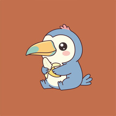 An illustration shows a cartoon toucan, which is blue and light yellow, is holding a banana while sitting down in front of a brown background.