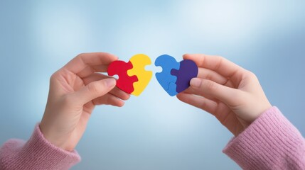 Hands holding colorful puzzle heart pieces