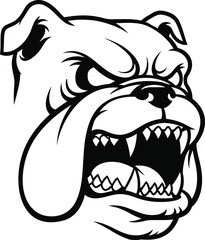 A fierce bulldog head with an open mouth, baring teeth, and showing aggression.