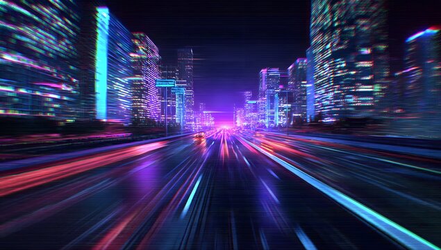 Futuristic cityscape at night with vibrant neon lights and streaks of motion blur creating a sense of speed and advanced technology