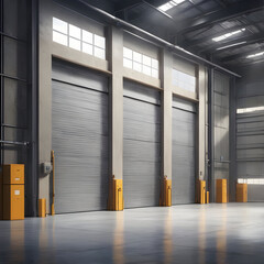 Obraz premium Modern Industrial Facility Interior Roll-Up Doors, Steel Beams, and Polished Concrete Floor