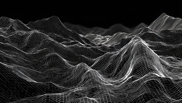 Abstract topographic landscape rendered in a detailed monochromatic digital art style with intricate textures and dramatic lighting creating a sense of depth and mystery