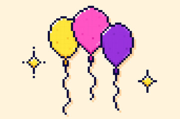 Colored pixel art balloons and two simple stars around it.