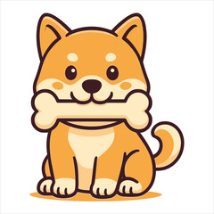 Adorable Cartoon Shiba Inu Dog Holding Bone Smiling Happily Sitting Down.