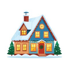 Naklejka premium Festive Winter House with Snow-Covered Roof and Christmas Lights