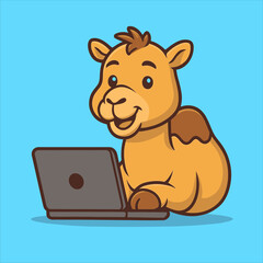 Cartoon Camel Working on Laptop with Cheerful Expression and Brown Outline.